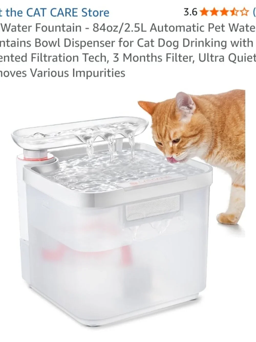 CAT CARE Pet Water Fountain, 84oz/2.5L Capacity, Includes 4x Filters USED DISCON